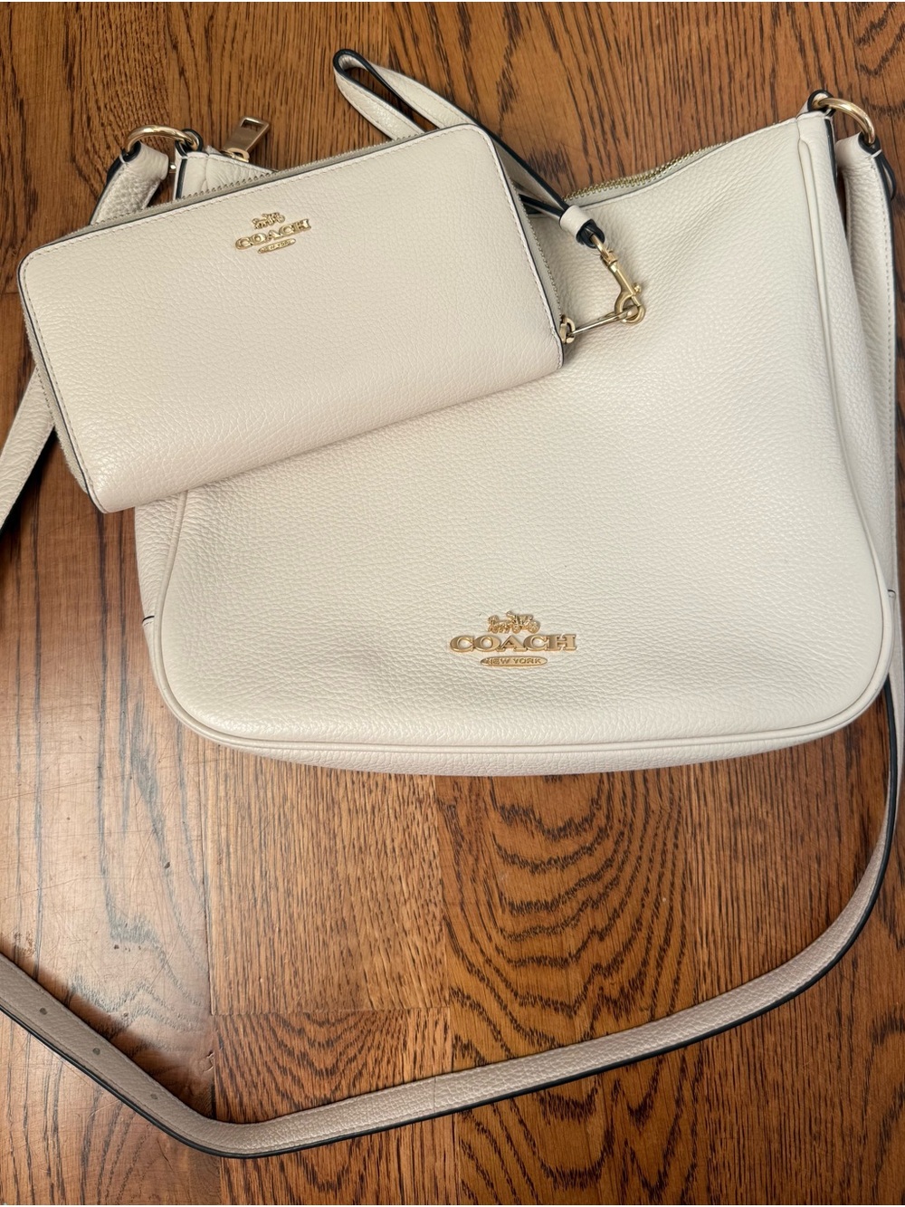 Coach Mae File Crossbody Shoulder Bag & Long Zip Wallet Set Chalk Leather Gold